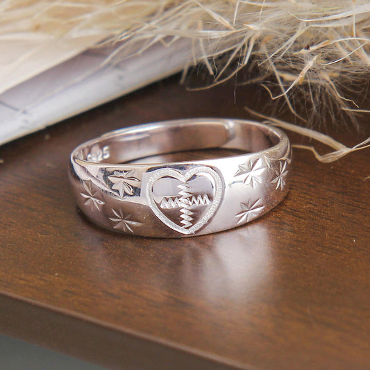 S925 Sterling Silver Wide Band Ring - Intricately Engraved Heart and Star Patterns, Unique Bold Design, Elegant Statement Ring for Women and Girls