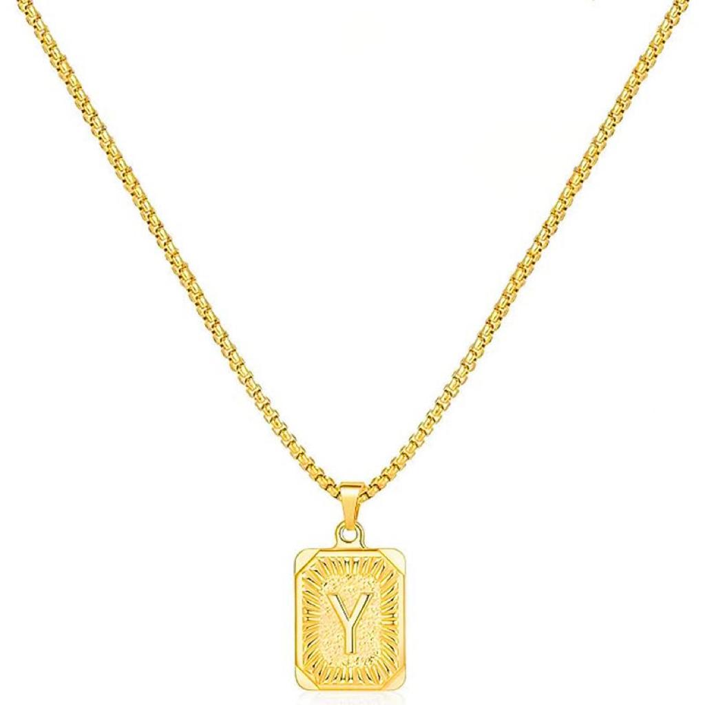 LN001:Initial A Z Letter Pendant Necklace Mens Womens Capital Letter Yellow Gold Plated Stainless Steel Box Chain