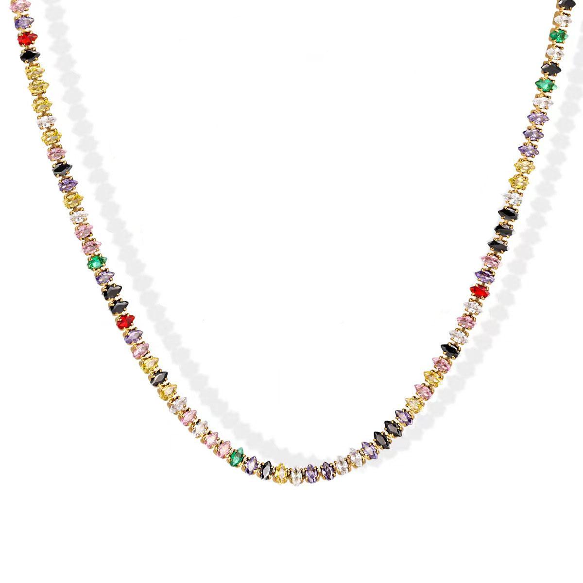 Vibrant Rainbow Tennis Necklace with Multi-Color Zircon, Stainless Steel, Stylish Tennis cable necklace for Women, Zirconia Jewelry