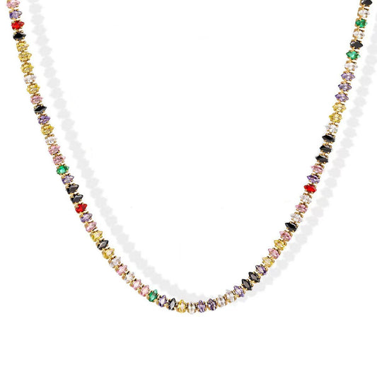 Vibrant Rainbow Tennis Necklace with Multi-Color Zircon, Stainless Steel, Stylish Tennis cable necklace for Women, Zirconia Jewelry