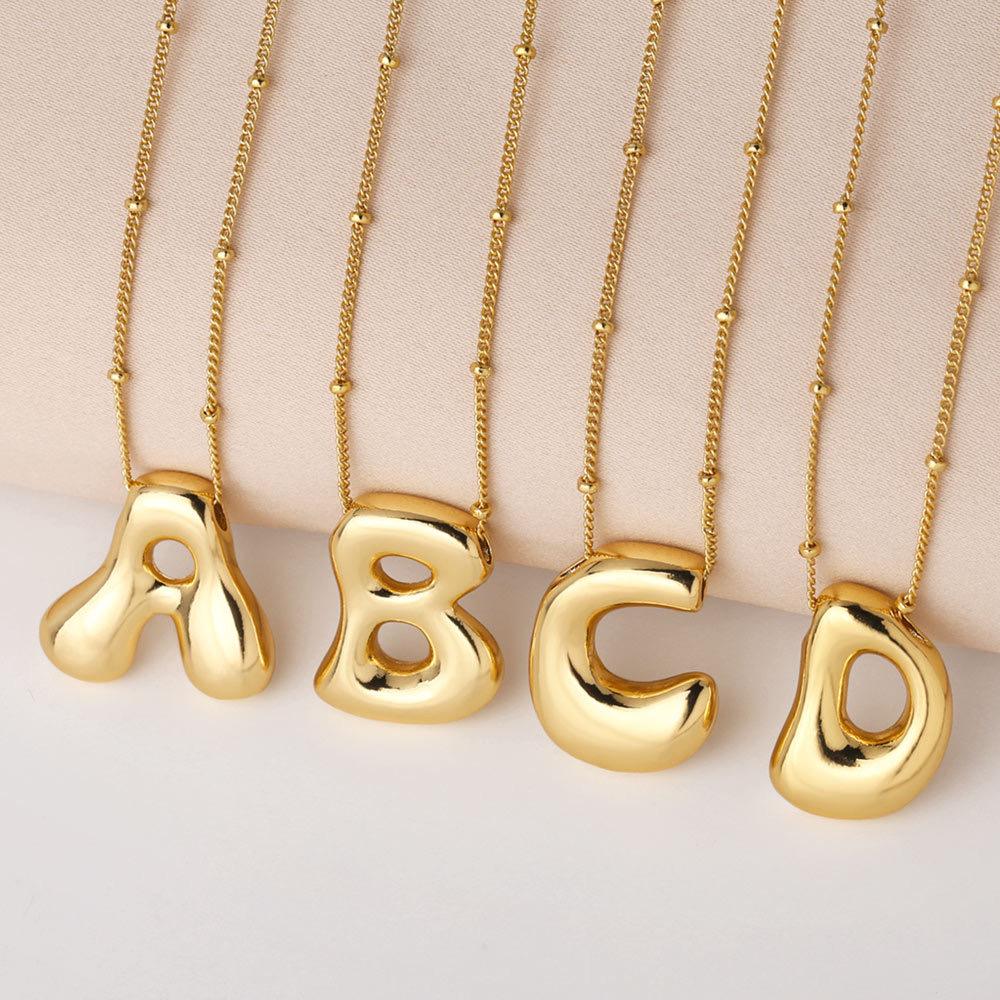 Bold Bubble Initial Necklace, Unique Font Letter Pendant with Satellite Chain – 26 Letters, Brass, Waterproof, Non-Tarnish, Stylish Jewelry Gift for Women.