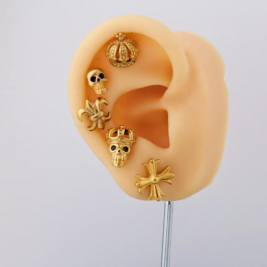 Skull crown King Shaped Helix Cartilage Stud Earring with Flat Back – Stainless Steel, Unisex Piercing Jewelry for Men and Women