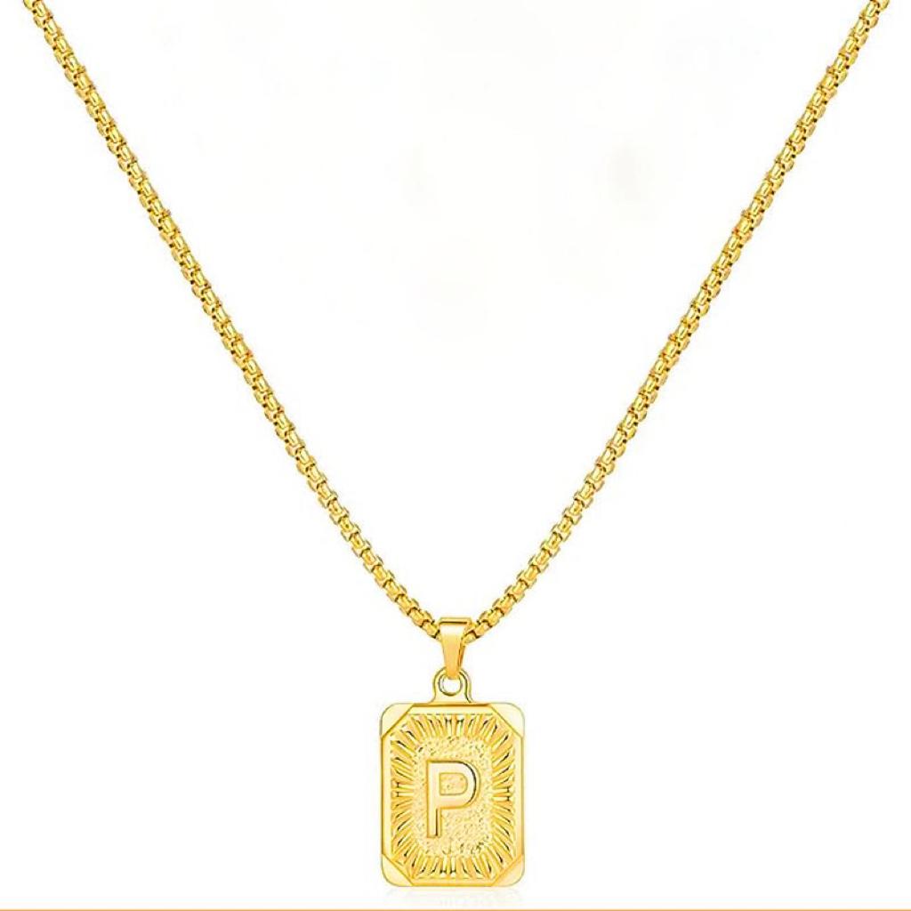 LN001:Initial A Z Letter Pendant Necklace Mens Womens Capital Letter Yellow Gold Plated Stainless Steel Box Chain
