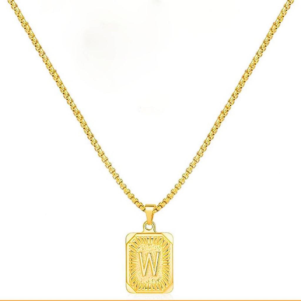 LN001:Initial A Z Letter Pendant Necklace Mens Womens Capital Letter Yellow Gold Plated Stainless Steel Box Chain