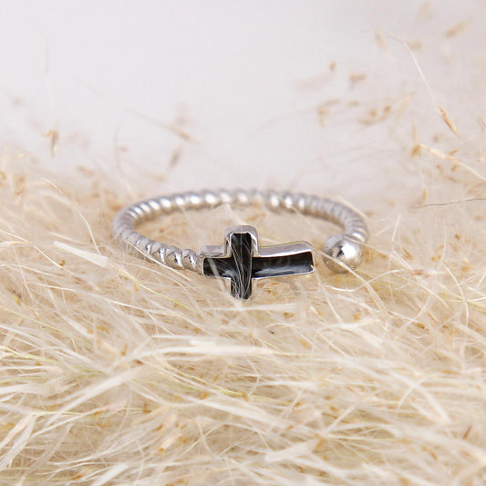 S925 Mini Bead Open Ring - Sterling Silver, Unique Mini Bead Design with Black Cross and Large Bead, Adjustable Stacking Ring, Stylish Faith-Inspired Jewelry for Women