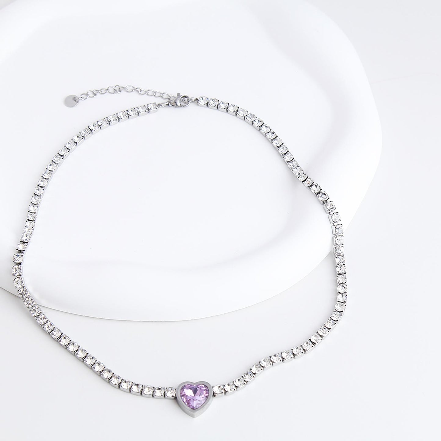 Purple Heart Tennis Necklace for Woman - Stainless Steel, Purple Heart-Shaped Zircon Pendant, Minimalist Luxury Style; Adjustable, Elegant and Versatile Jewelry for Daily Wear