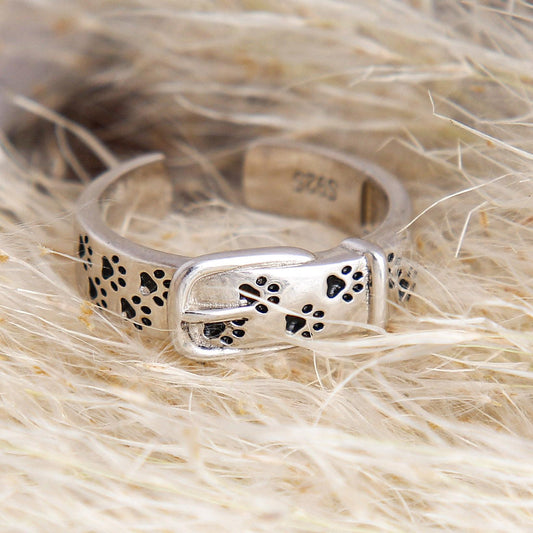 S925 Sterling Silver Adjustable Dog Collar Ring - Cute Buckle Design with Engraved Paw Prints, Open Band Pet-Themed Jewelry, Perfect Gift for Animal Lovers, Women, and Girls