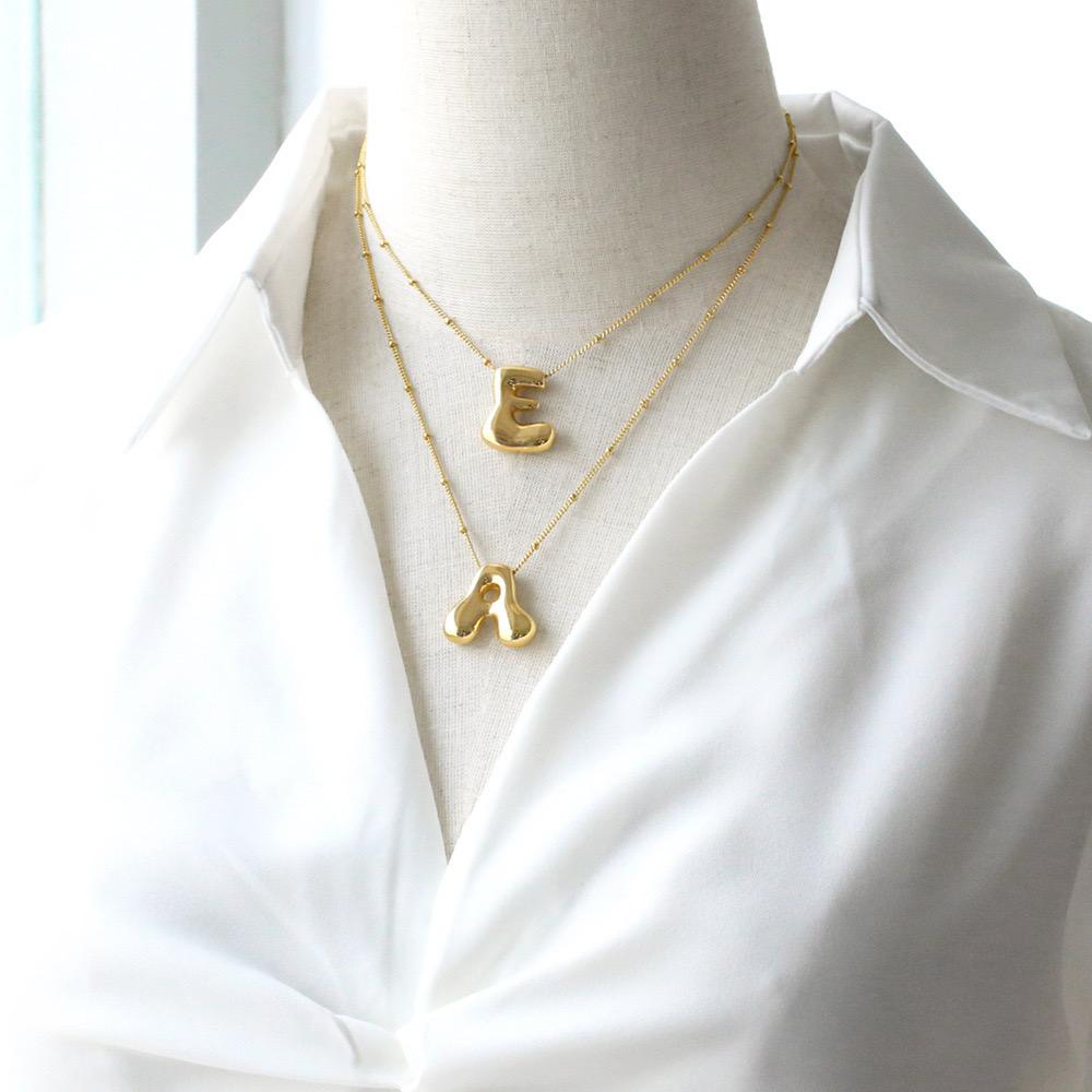 Bold Bubble Initial Necklace, Unique Font Letter Pendant with Satellite Chain – 26 Letters, Brass, Waterproof, Non-Tarnish, Stylish Jewelry Gift for Women.