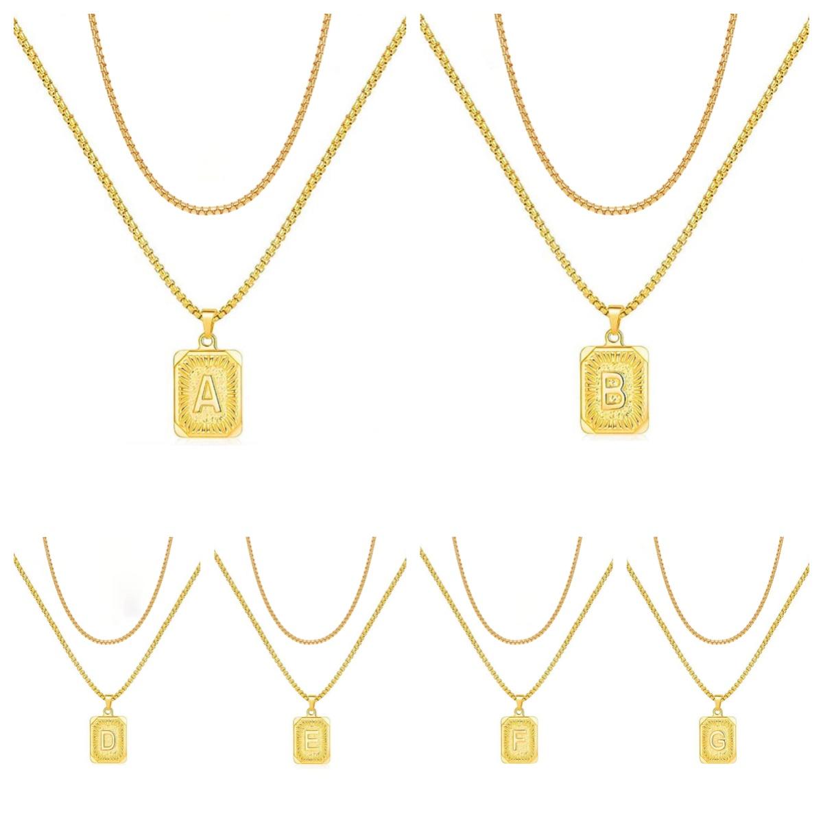 LN001:Initial A Z Letter Pendant Necklace Mens Womens Capital Letter Yellow Gold Plated Stainless Steel Box Chain