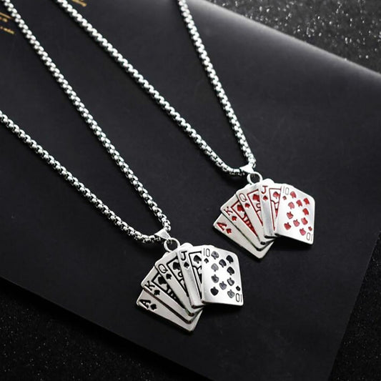 HN057:Hip-Hop Style Necklace,Red Royal Flush Poker Card Pendant Necklace for Women And Men