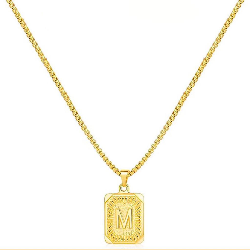 LN001:Initial A Z Letter Pendant Necklace Mens Womens Capital Letter Yellow Gold Plated Stainless Steel Box Chain