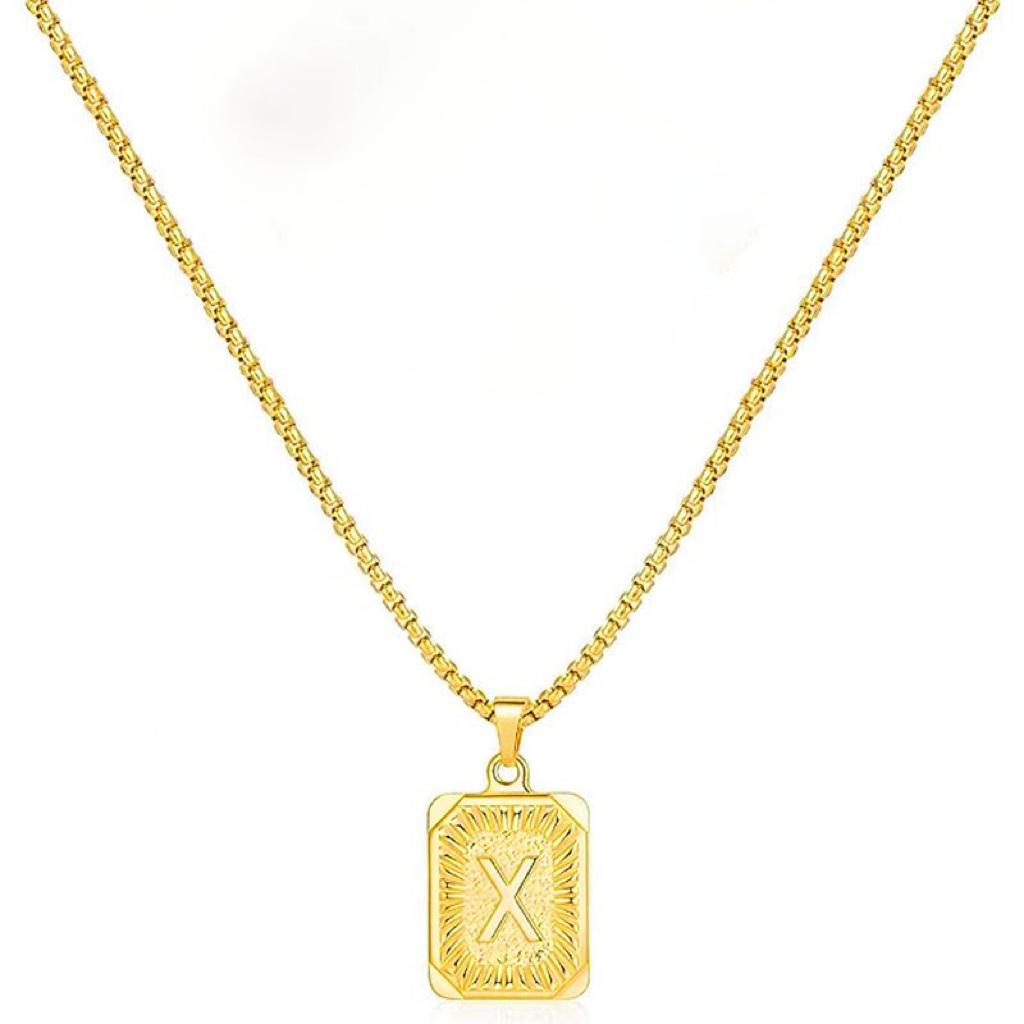 LN001:Initial A Z Letter Pendant Necklace Mens Womens Capital Letter Yellow Gold Plated Stainless Steel Box Chain