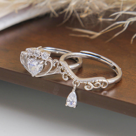 S925 Tiara Charm Silver Ring Set - Sterling Silver, Featuring Sparkling Zirconia Stones, Double Layer Design with Two Rings, Luxurious Stacking Jewelry, Simple and Elegant for Women