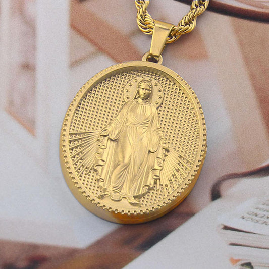 Elegant Stainless Steel Necklace Virgin Mary Catholic Medal Pendant,Marian Apparition – Suitable for  Women，Faith-Based Jewelry，24 inches chain，Christian Necklace