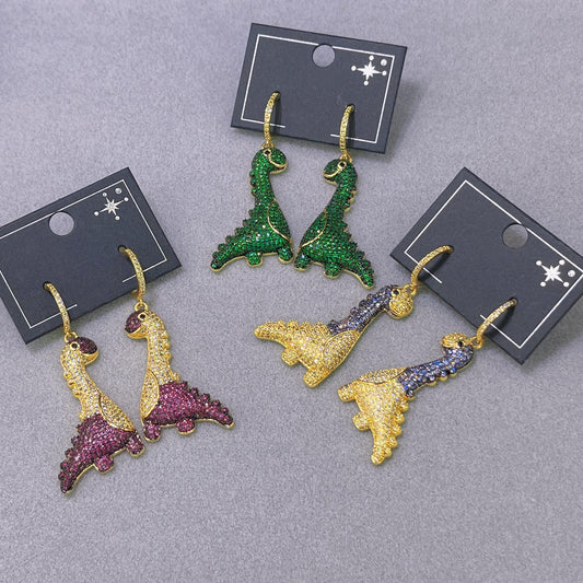 Lovely Dinosaur Dangle Hoop Earring with Zircon, Cute Animal Dangling Charm Drop Huggie Hoops Studs Earring Dainty Jewelry Gifts for Women Girls