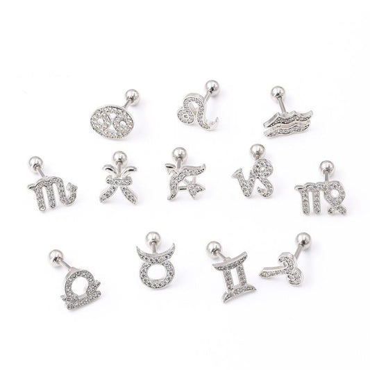 Horoscope Zodiac Sign Cartilage Helix Stud Earrings - 12 Constellation Astrology，Titanium Stainless Steel and Zircon, Little Ear Studs Gift for Women Men & Teens