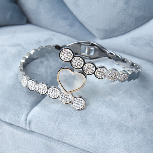 B1:Titanium Stainless Steel Heart Style with Zircon Bangle Bracelet,Top Open