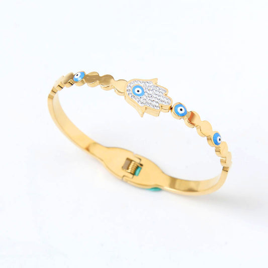 B26: Titanium Stainless Steel  Fatima Hamsa Hand Evil Eye Bangle Bracelet，colour Not Fade, Waterproof，Bottom Opening