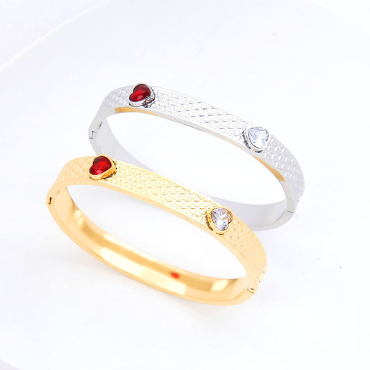 B33:Titanium Stainless Steel Double Heart Bangle Bracelet for Women, Girls, Friends, Waterproof,colour Not Fade