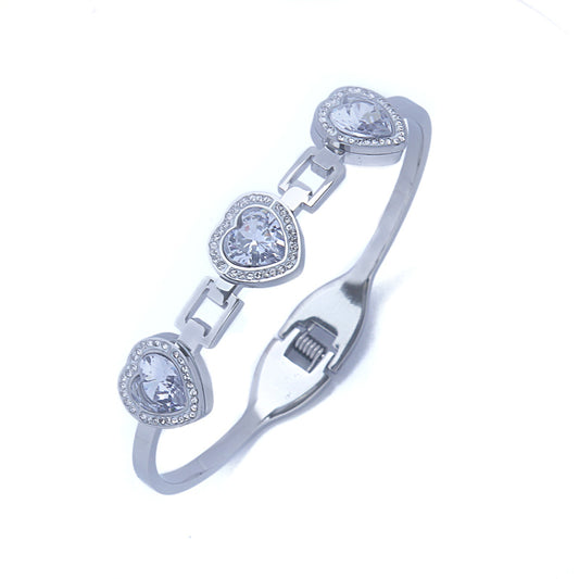 B35：Titanium Stainless Steel Bangle Bracelet Three sparking Heart for Women, colour not Fade, Waterproof,Top Opening