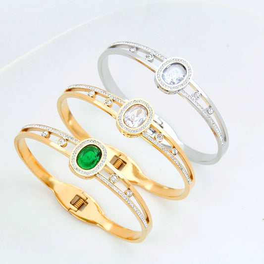 B38：Titanium Stainless Steel Bangle Bracelet Oval Stone Green，Clear colour for Women, colour not Fade, Waterproof ，Side Opening