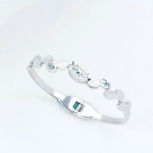 B45:Titanium Stainless Steel Bangle Bracelet Leaf and Eye colour Not Fade, Waterproof ，Top Opening