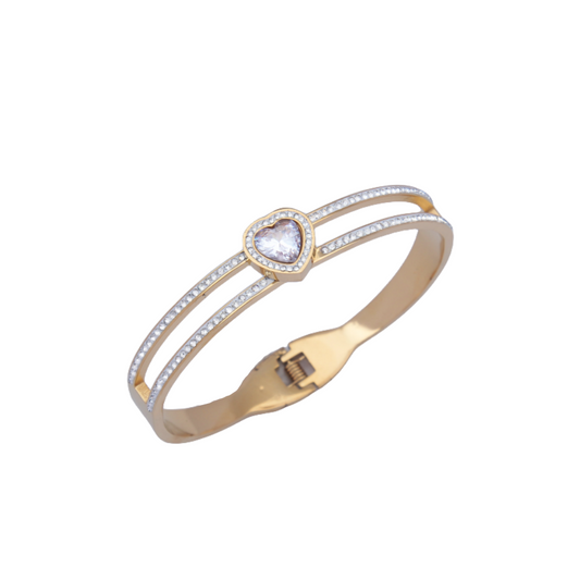 B48:Titanium Stainless Steel Bangle Bracelet Heart Zircon, colour Not Fade, Waterproof ，Side Opening