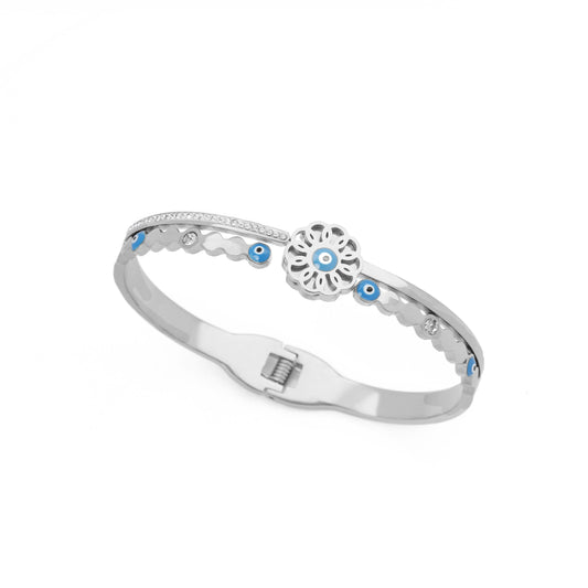 B53：Titanium Stainless Steel  Flower Evil Eye Bangle Bracelet ,colour Not Fade, Waterproof ，Side Opening