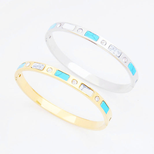 B58：Titanium Stainless Steel  Rectangle Tophus and Stones Cross Bangle Bracelet ,colour Not Fade, Waterproof，Side Opening