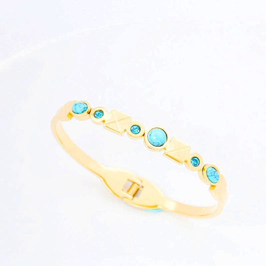 B59：Titanium Stainless Steel  Turquoise and Stones Cross Bangle Bracelet ,colour Not Fade, Waterproof，Side Opening
