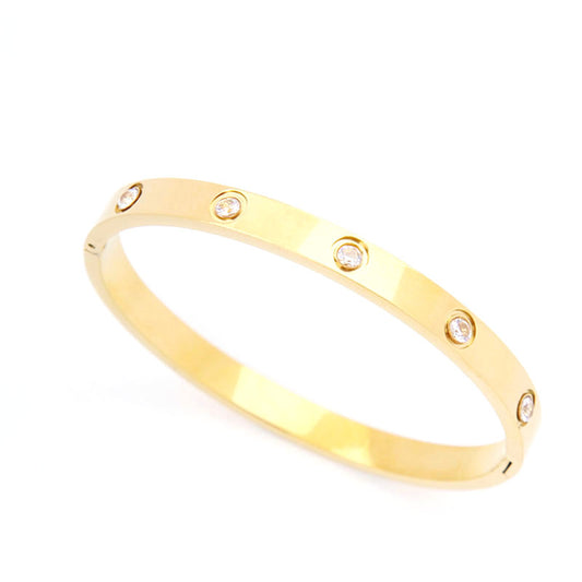 B61：Titanium Stainless Steel Round stone Bangle Bracelet ,colour Not Fade, Waterproof ，Side Opening
