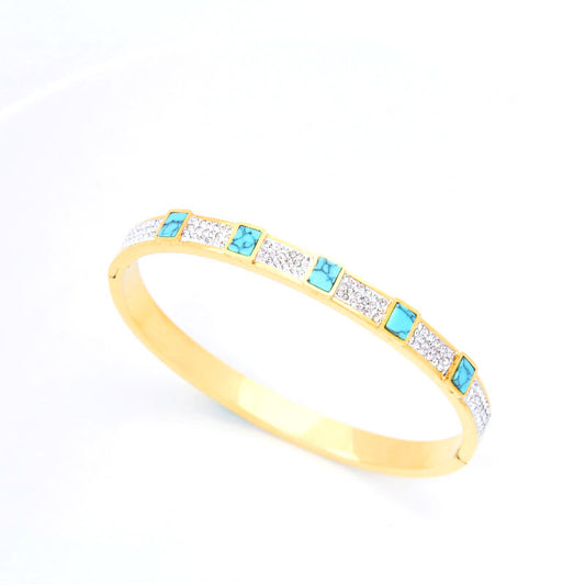 B62：Titanium Stainless Steel  Rectangle Turquoise Bangle Bracelet,colour Not Fade, Waterproof，Side Opening