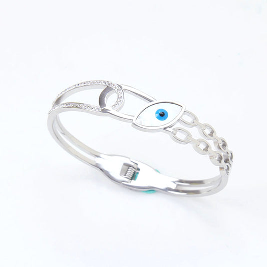 B67：Titanium Stainless Steel Double Chain Evil Eye Bangle Bracelet ,colour Not Fade, Waterproof，Side Opening