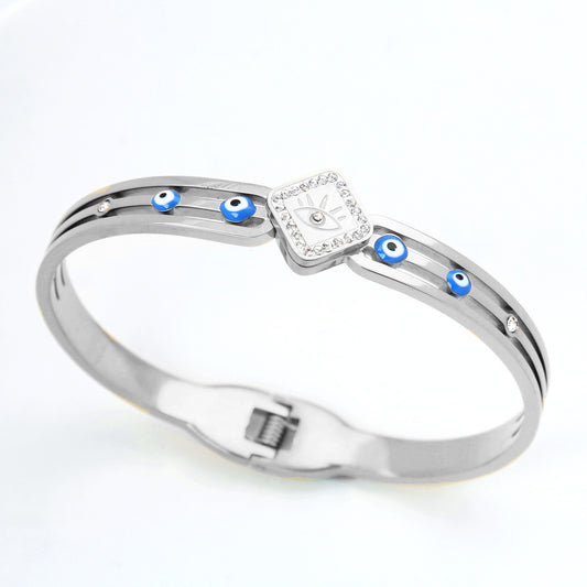 B71：Titanium Stainless Steel Rhombus Evil Eye Bangle Bracelet ,colour Not Fade, Waterproof ，Side Opening