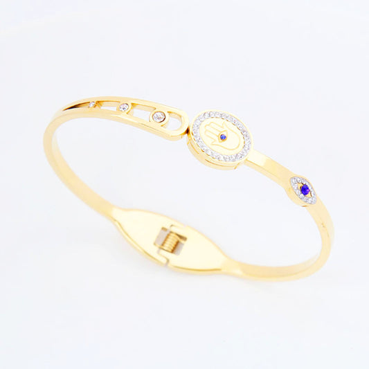 B73：Titanium Stainless Steel  Fatima Hamsa Hand Evil Eye Bangle Bracelet ,colour Not Fade, Waterproof ，Side Opening