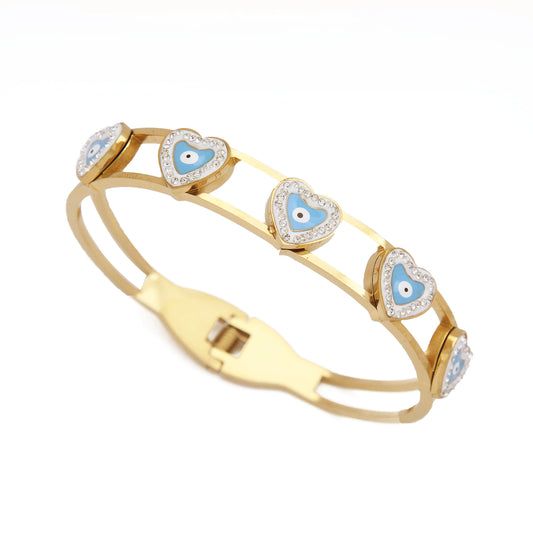 B76：Titanium Stainless Steel Heart Evil Eye Bangle Bracelet,colour not fade, waterproof,Side Opening