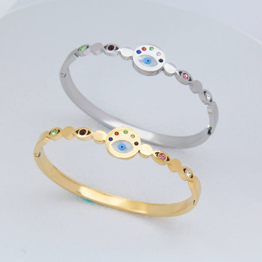B78:Titanium Stainless Steel Round Corlorful Stone Evil Eye Bangle Bracelet,colour Not Fade,Waterproof ,Top Opening