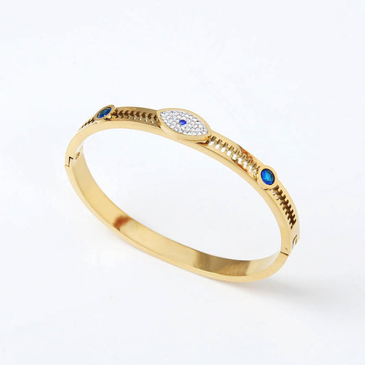 B8：Titanium Stainless Steel Fashion Evil Eye and Zip Style Bangle Bracelet ,colour not Fade,Waterproof,Top Opening