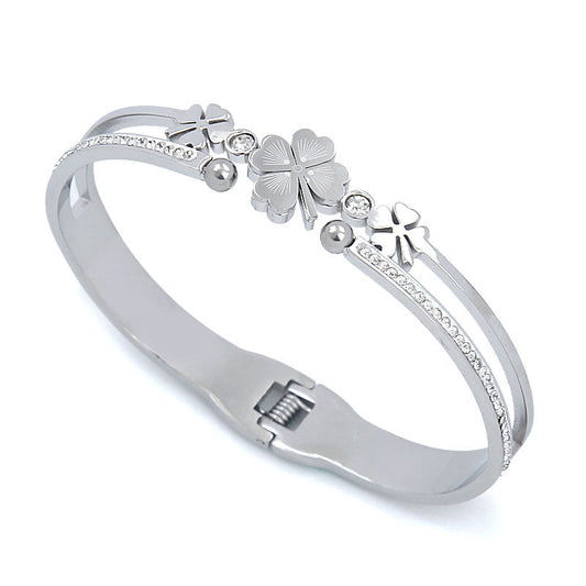 B81:Titanium Stainless Steel Classic Lucky Four Leaf Bangle Bracelet,colour Not Fade,Waterproof ,Top Opening