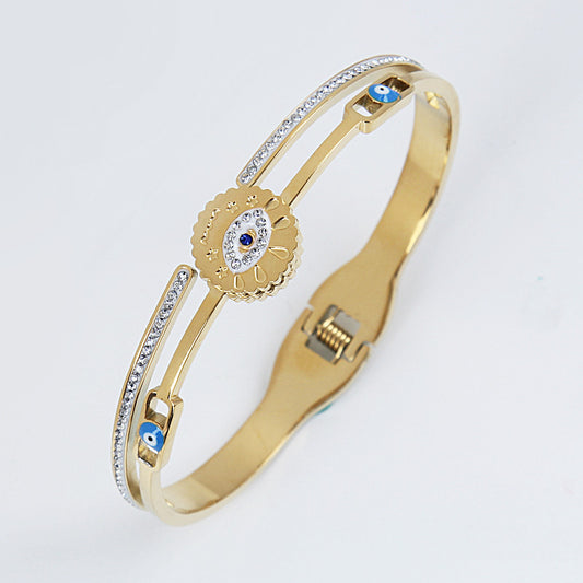 B84:Titanium Stainless Steel Evil Eye Brangle Bracelet,colour Not Fade,Waterproof,Top Opening