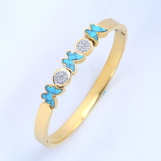 B87:Titanium Stainless Steel Classic Turquoise Betterfly and Zircon Bangle Bracelet,colour Not Fade,Waterproof,Side Opening