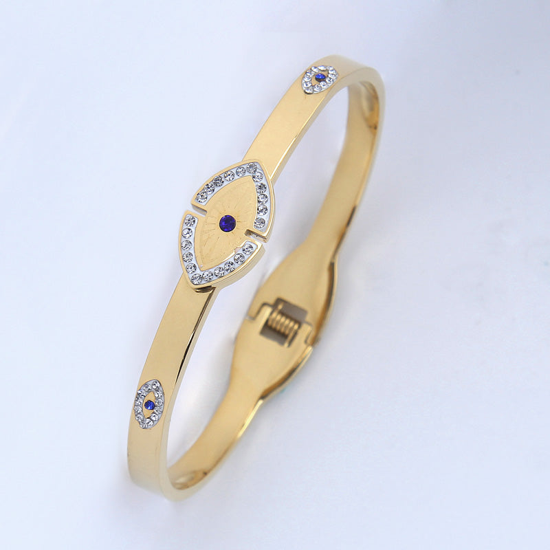 B88:Titanium Stainless Steel Classic Evil Eye Bangle Bracelet, colour Not Fade,Waterproof,Top Opening