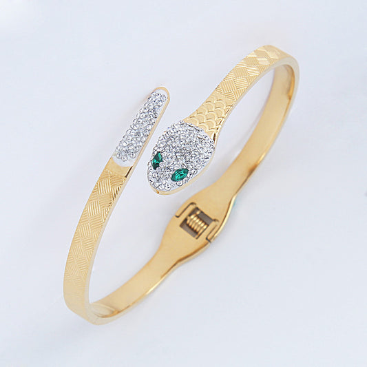 B89:Titanium Stainless Steel Classic Snake with Green Zircon Eye Bangle Bracelet,colour Not Fade,Waterproof,Top Opening