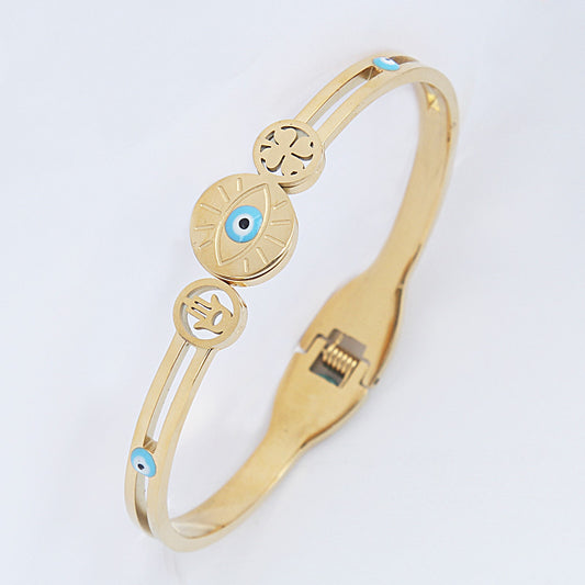 B92:Titanium Stainless Steel Cute Evil Eye Bangle Bracelet,colour Not Fade,Waterproof,Top Opening