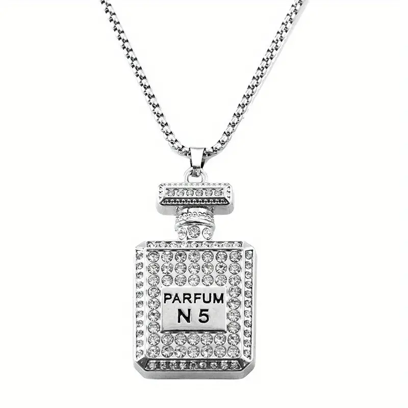 HN001:Hip-Hop Fashion Creative Sweater Chain, Perfume Bottle Faux Diamond Pendant Long Necklace Accessories For Men