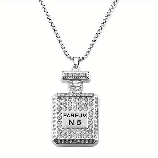 HN001:Hip-Hop Fashion Creative Sweater Chain, Perfume Bottle Faux Diamond Pendant Long Necklace Accessories For Men
