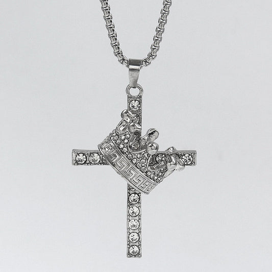 HN002:Hip-Hop Style Necklace, Cross And Crown with Stone Necklace For Women And Men