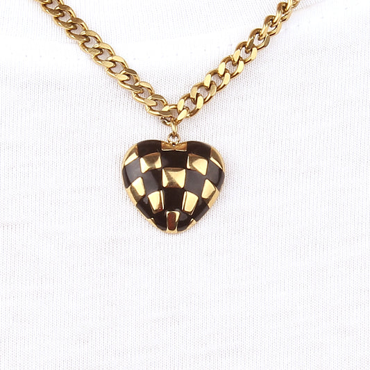 N004:Stainless Steel Titanium Checkerboard Heart Necklace For Women And Men, Color Not Fade, Waterproof