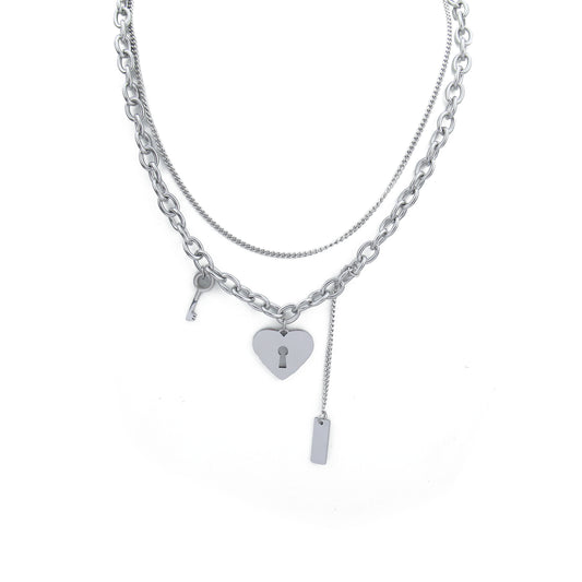 N008:Love Lock Double Stainless Steel Necklace Heart Key Pendant Punk Cuban Chain Personalized Woman Jewelry For Women And Men, Color Not Fade, Waterproof