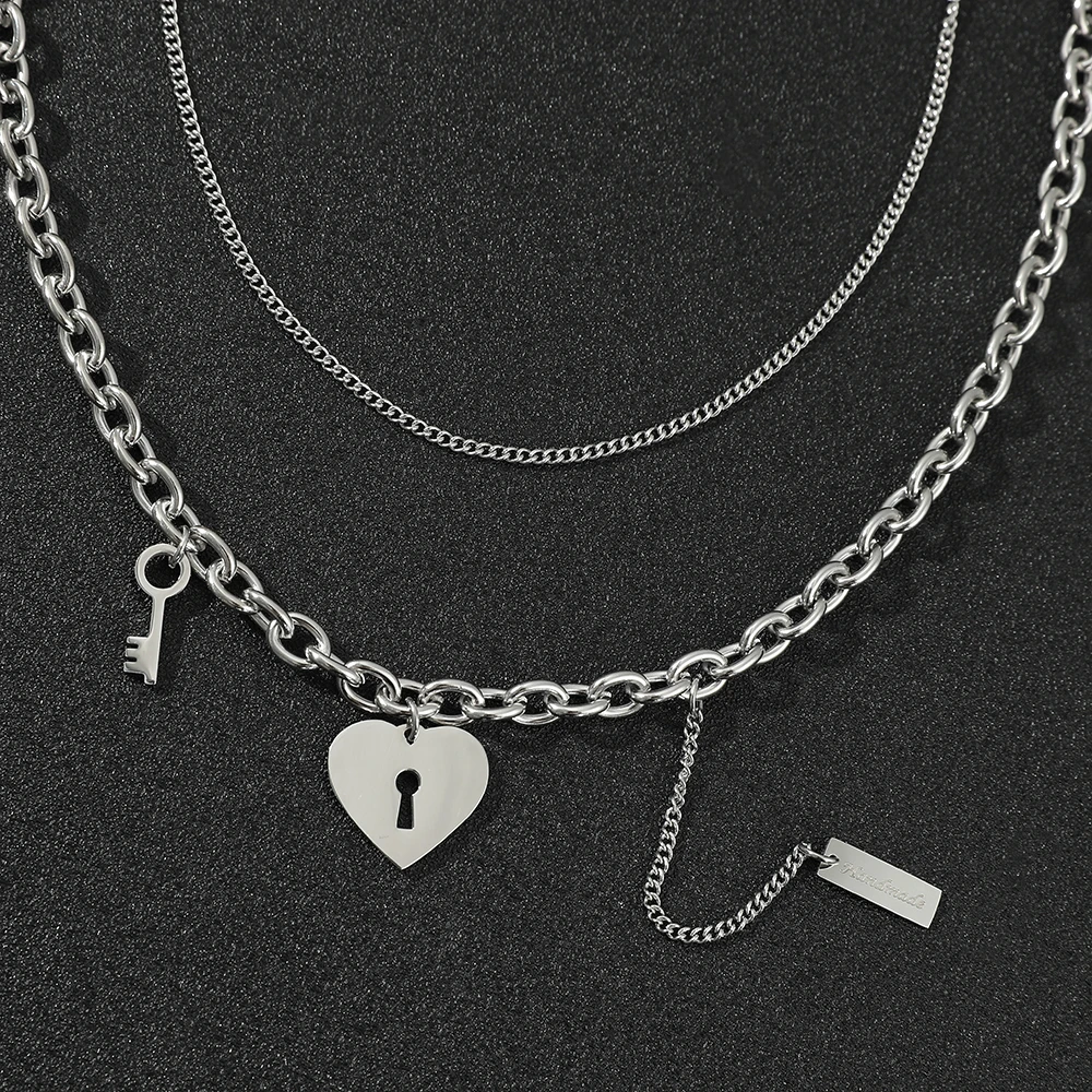 N008:Love Lock Double Stainless Steel Necklace Heart Key Pendant Punk Cuban Chain Personalized Woman Jewelry For Women And Men, Color Not Fade, Waterproof